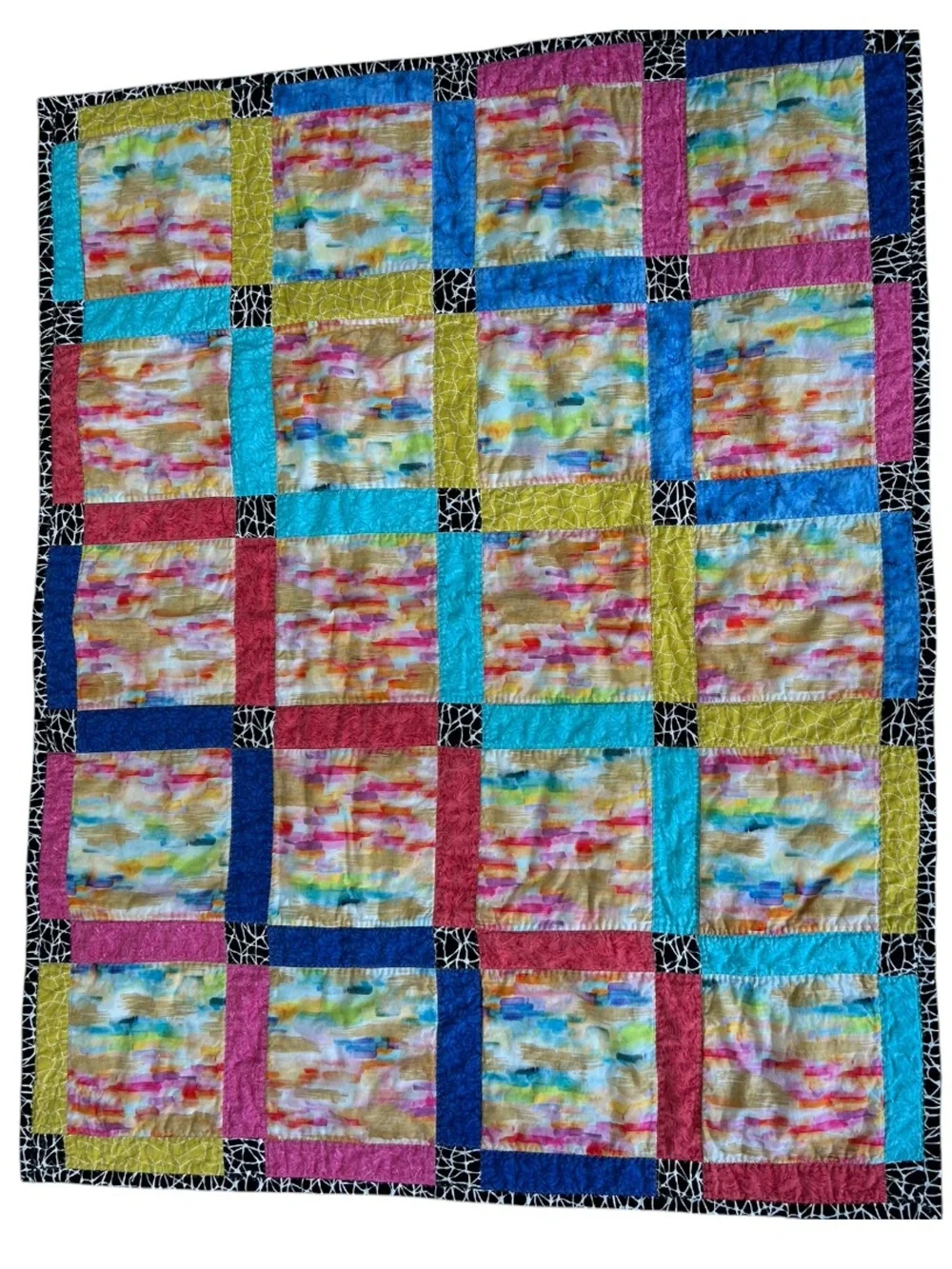 Handmade Colorful Patchwork Quilt with Watercolor Squares and Tie Dye Backside
